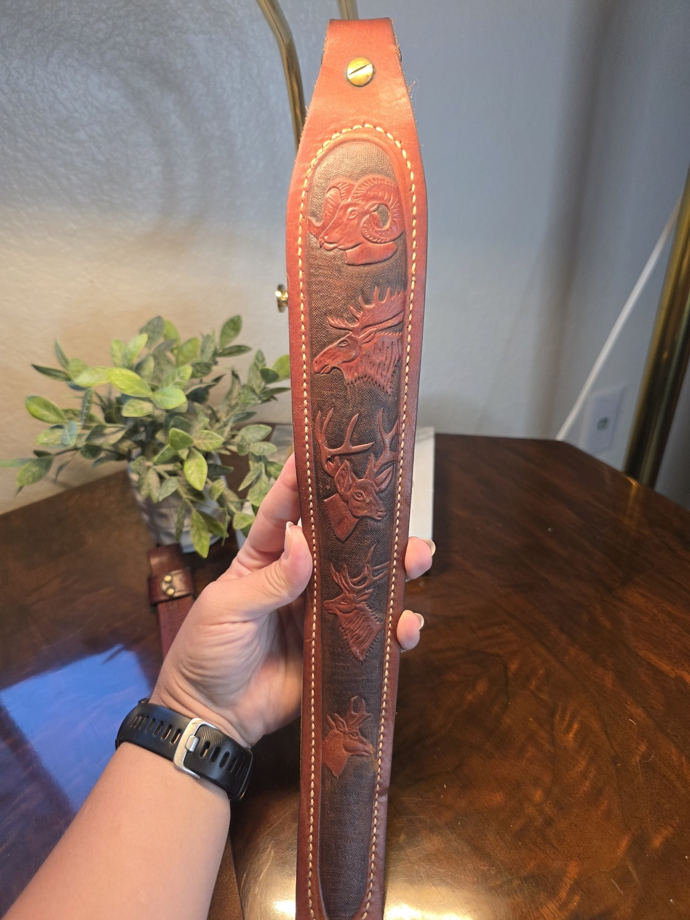 Tooled Leather Rifle Sling with Deer Motif - Brown - Picture 2 of 15